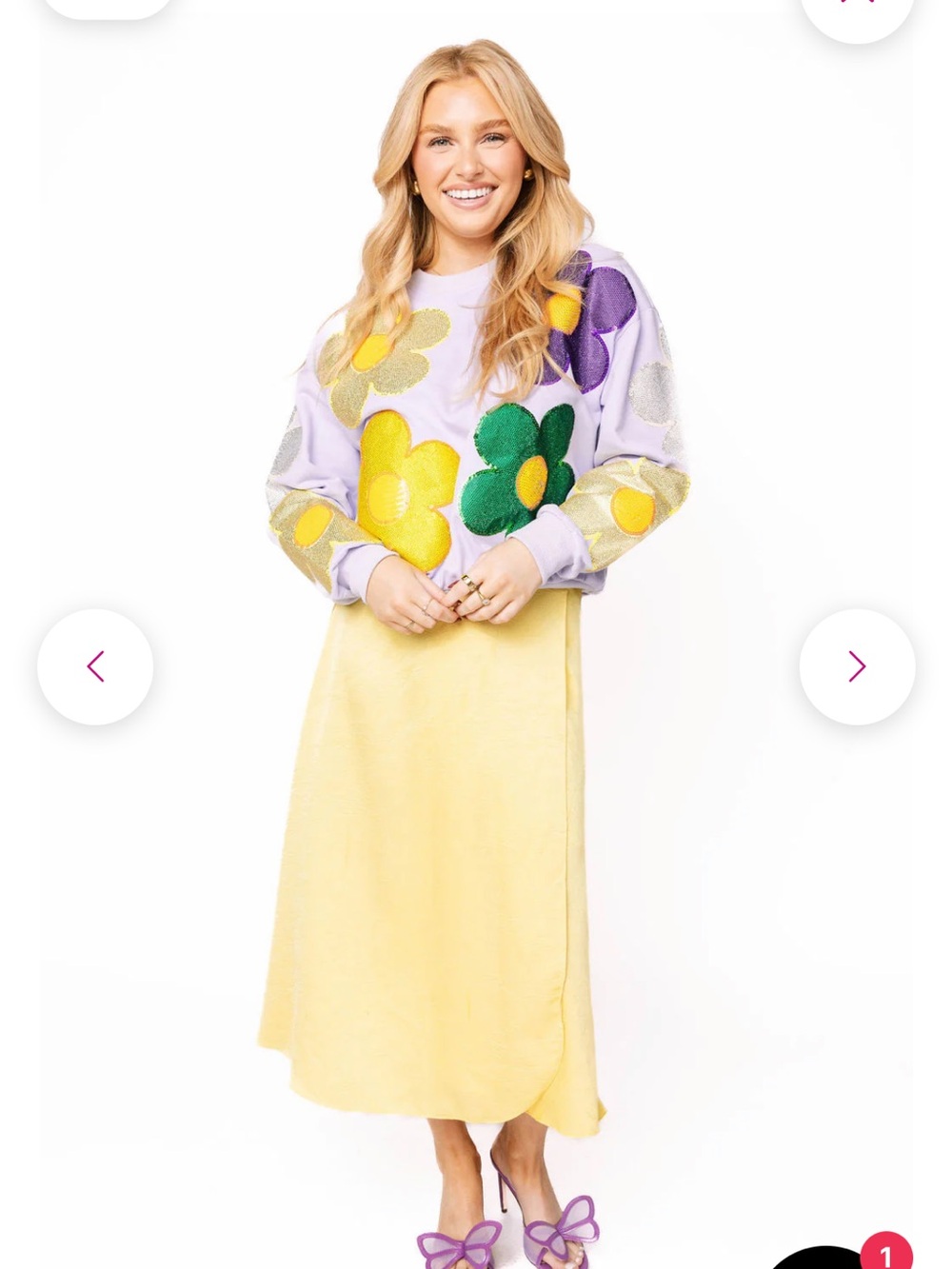 QUEEN OF SPARKLES Lavender Crewneck Sweater with Multicolor Flower Appliqués